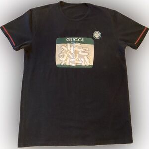 Designer inspired black crewneck short sleeve tee with print on front size L